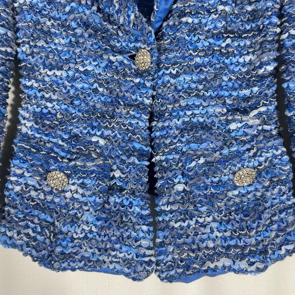 St. John Blue Bouclé Knit Blazer with Rhinestone Buttons - Picture 4 of 9